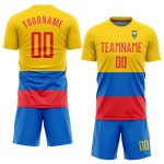 Custom Ecuador Flag Soccer Jersey with Personalized Name and Number in Gold Red-Royal Design Personalized Gold Red-Royal