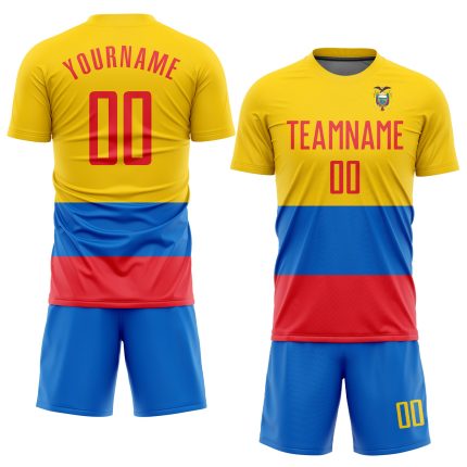 Custom Ecuador Flag Soccer Jersey with Personalized Name and Number in Gold Red-Royal Design Personalized Gold Red-Royal