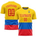 Custom Ecuador Flag Soccer Jersey with Personalized Name and Number in Gold Red-Royal Design Personalized Gold Red-Royal