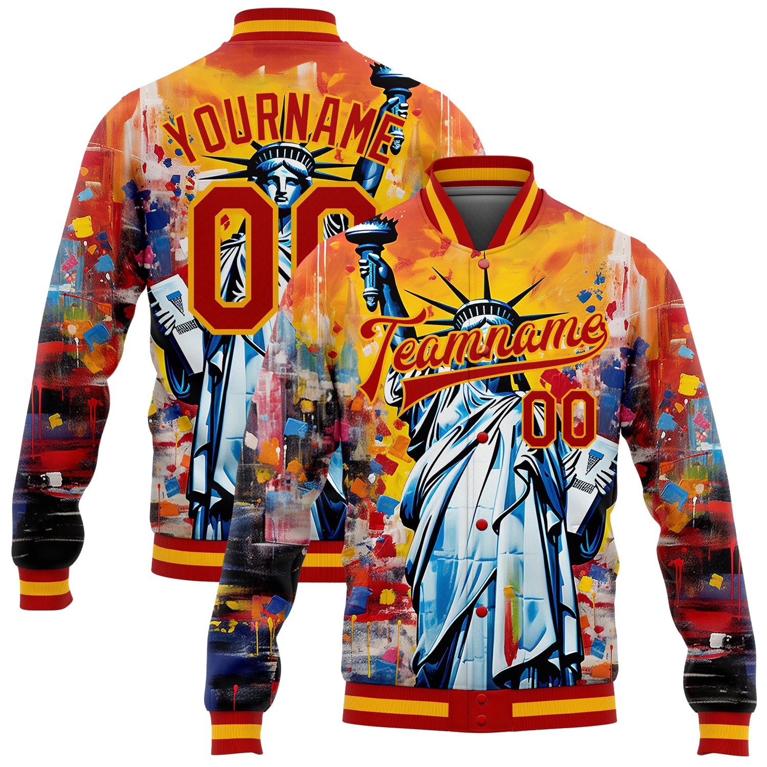 Custom Name and Number Varsity Letterman Jacket - Personalized 3D Pattern Gold Statue of Liberty Independence Day Bomber