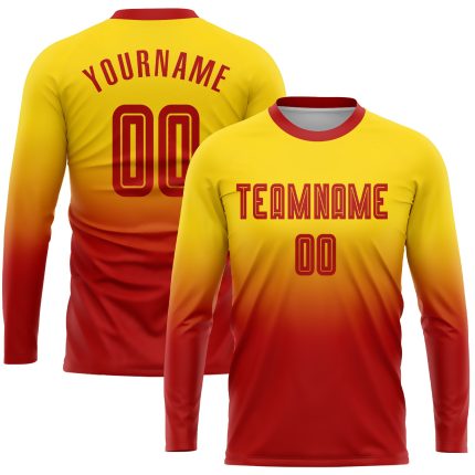 Customizable Gold Red Fade Soccer Jersey for Team | Personalized Long Sleeve Uniform with Name and Number Personalized Gold