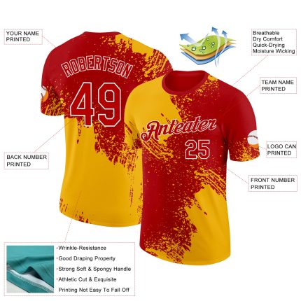 Custom Name and Number Performance T-Shirt - Personalized Gold Red-White 3D Brush Stroke Design Personalized Gold Red-White