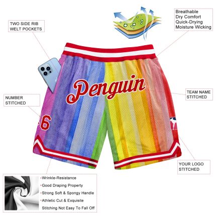 Custom Rainbow Basketball Shorts - Personalized Gold Red-White 3D Pattern with Team Name & Number Personalized Gold Red-White