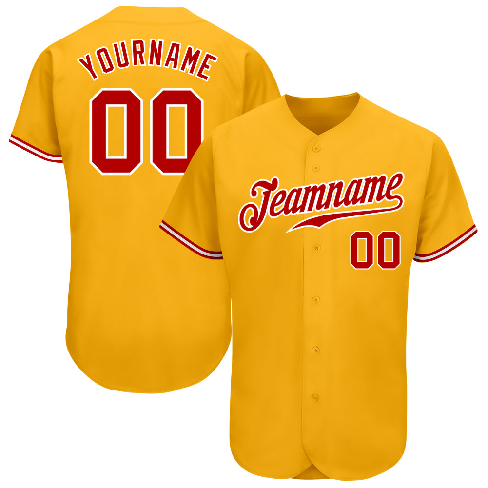 Custom Name and Number Personalized Baseball Jersey - Authentic Red-White Gold Design Personalized Gold Red-White Authentic