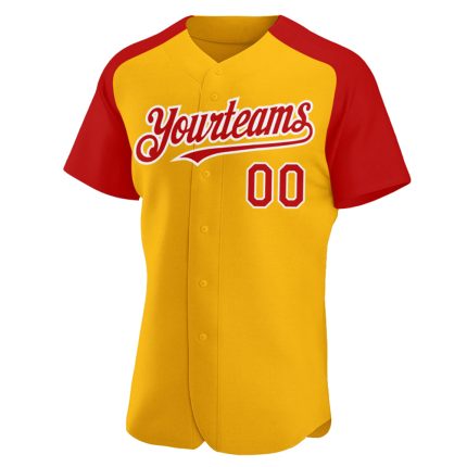 Custom Name and Number Personalized Gold Red-White Baseball Jersey Authentic Raglan Sleeves Personalized Gold Red-White Authentic
