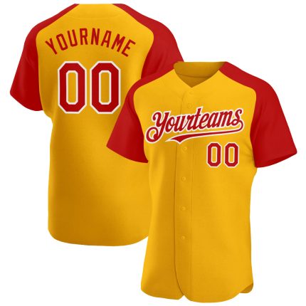 Custom Name and Number Personalized Gold Red-White Baseball Jersey Authentic Raglan Sleeves Personalized Gold Red-White Authentic