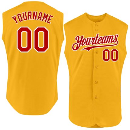 Personalized Gold Red-White Baseball Jersey - Authentic Sleeveless Design Personalized Gold Red-White Authentic Sleeveless