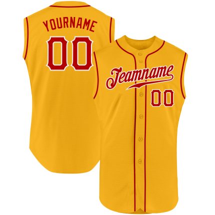 Custom Name Number Baseball Jersey - Personalized Red White Gold Authentic Sleeveless Team Design Personalized Gold Red-White