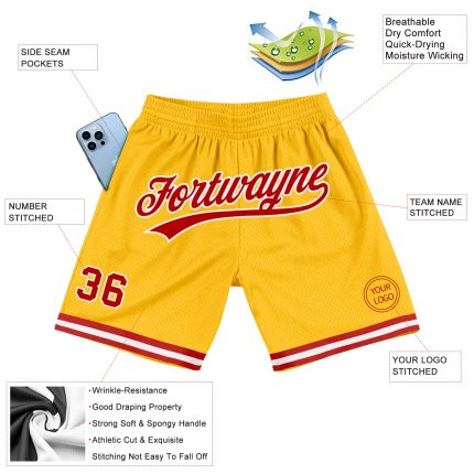 Personalized Gold Red-White Authentic Basketball Shorts for Men and Women Personalized Gold Red-White Authentic Throwback
