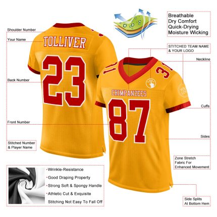 Personalized Gold Red-White Authentic Football Jersey for Men and Women Personalized Gold Red-White Mesh Authentic Football