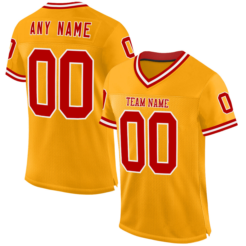 Customizable Gold Red-White Mesh Throwback Football Jersey with Personalized Name and Number Personalized Gold Red-White