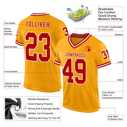 Customizable Gold Red-White Mesh Throwback Football Jersey with Personalized Name and Number Personalized Gold Red-White