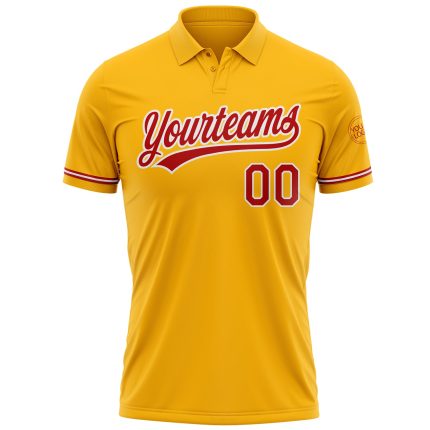 Personalized Team Golf Polo Shirt with Custom Name and Number, Gold Red-White Performance Personalized Gold Red-White Performance