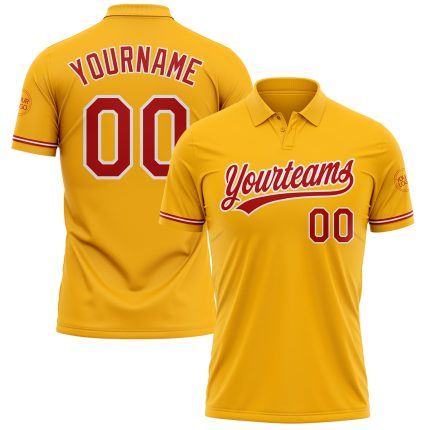 Personalized Team Golf Polo Shirt with Custom Name and Number, Gold Red-White Performance Personalized Gold Red-White Performance