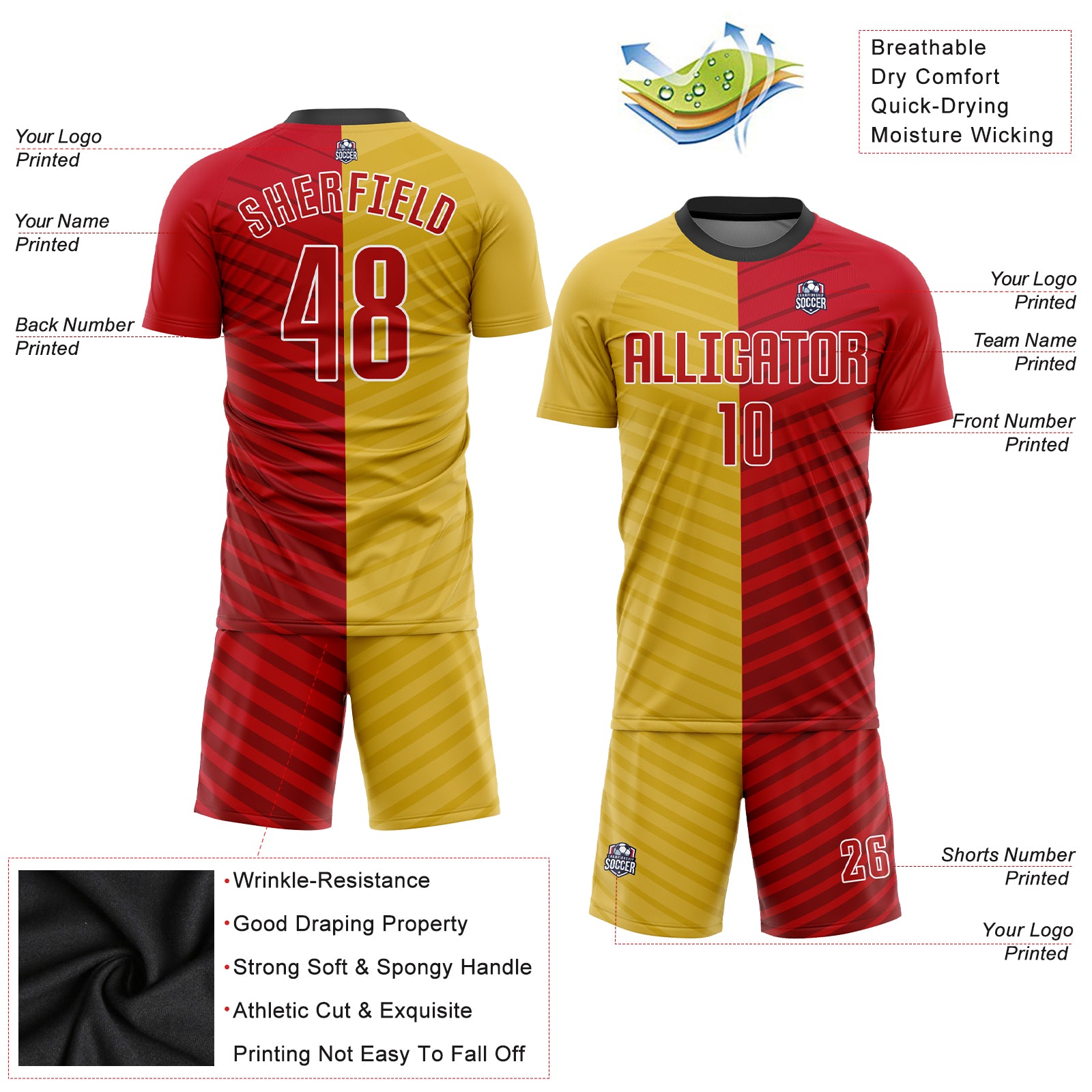 Personalized Gold Red-White Sublimation Soccer Uniform Jersey Team Custom Name and Number Custom Name and Number Soccer Jersey - Personalized Red-White Gold Sublimation Uniform Personalized Gold Red-White Sublimation - Image 3