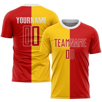 Custom Sublimation Soccer Jersey with Personalized Name and Number - Gold Red-White Fashion Uniform Personalized Gold Red-White
