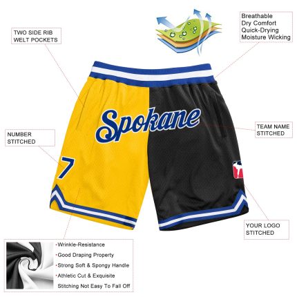 Personalized Gold Black Fashion Basketball Shorts - Authentic Throwback Style Personalized Gold Royal-Black Authentic Throwback