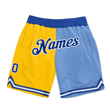 Custom Name Number Personalized Gold Royal Blue Basketball Shorts - Authentic Throwback Split Fashion Personalized Gold Royal-Light