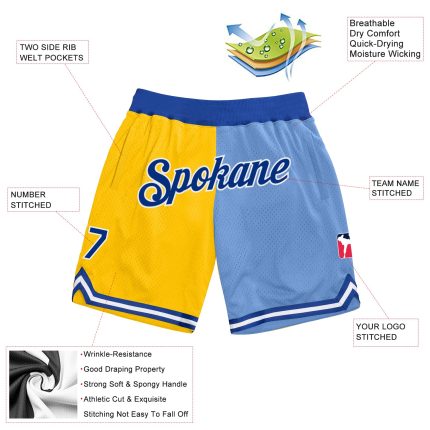 Custom Name Number Personalized Gold Royal Blue Basketball Shorts - Authentic Throwback Split Fashion Personalized Gold Royal-Light