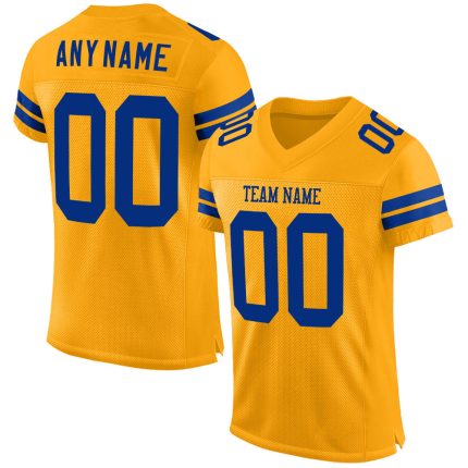 Custom Gold Football Jersey with Personalized Name and Number, Royal Mesh Authentic Team Style Personalized Gold Royal Mesh