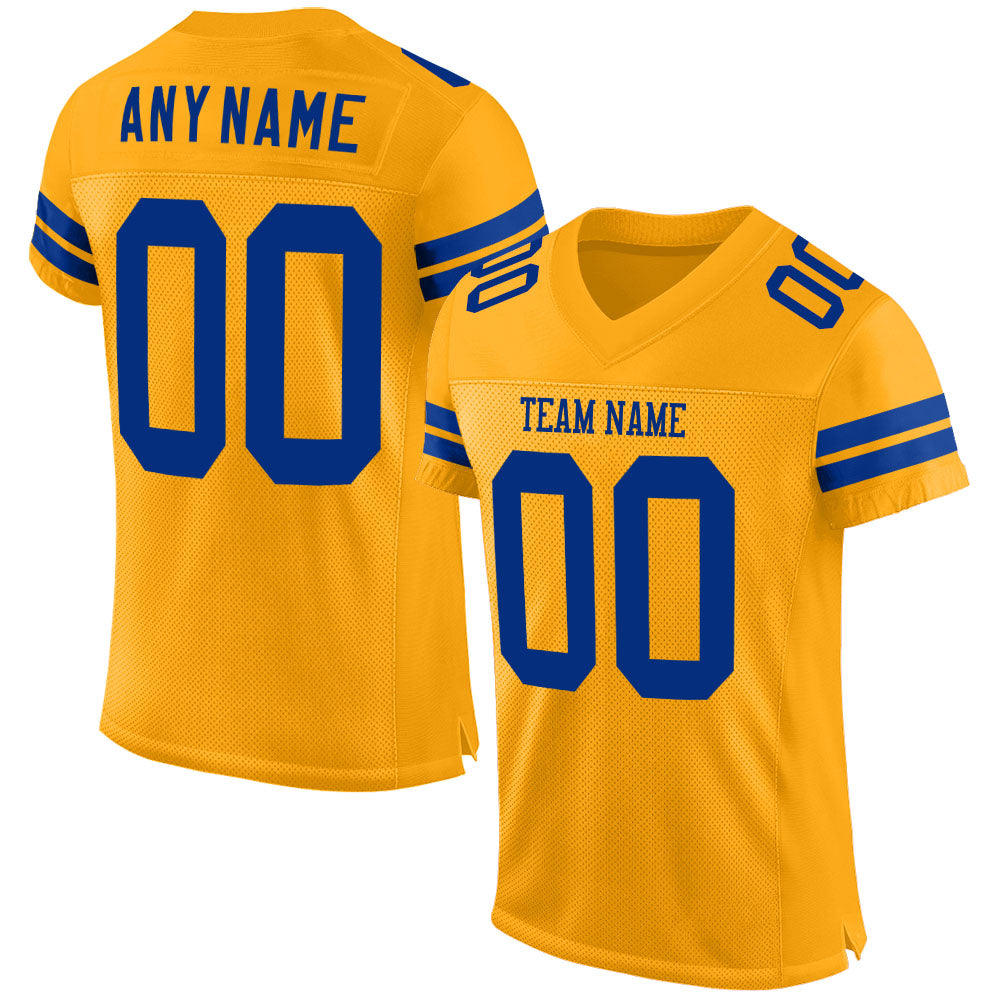 Custom Gold Football Jersey with Personalized Name and Number, Royal Mesh Authentic Team Style Personalized Gold Royal Mesh