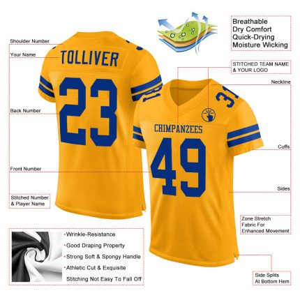 Custom Gold Football Jersey with Personalized Name and Number, Royal Mesh Authentic Team Style Personalized Gold Royal Mesh