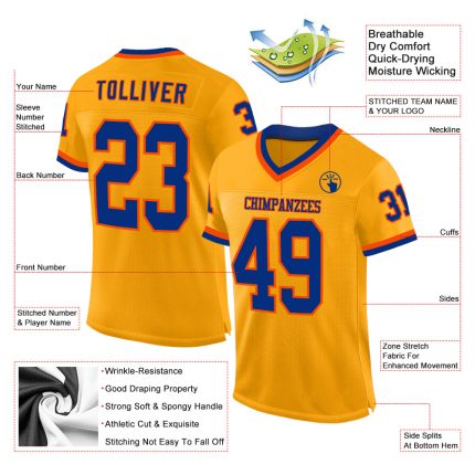 Custom Gold Royal-Orange Mesh Football Jersey with Personalized Name and Number - Authentic Throwback Team Style Personalized