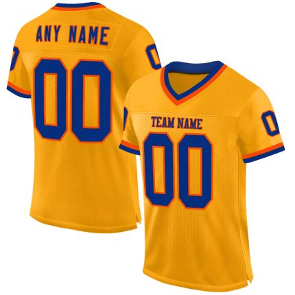 Custom Gold Royal-Orange Mesh Football Jersey with Personalized Name and Number - Authentic Throwback Team Style Personalized