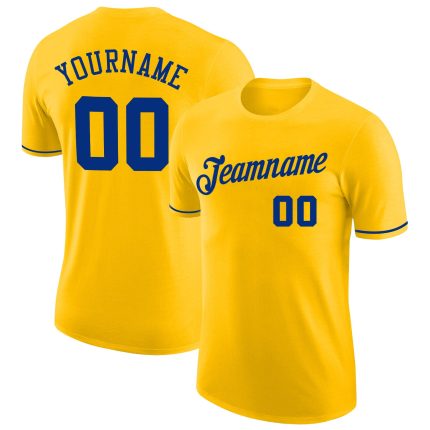 Custom Name and Number Gold Royal Performance T-Shirt - Personalized Team Apparel Personalized Gold Royal Performance T-Shirt