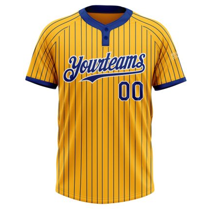 Custom Name and Number Unisex Softball Jersey - Personalized Gold Royal Pinstripe Two-Button Design Personalized Gold Royal