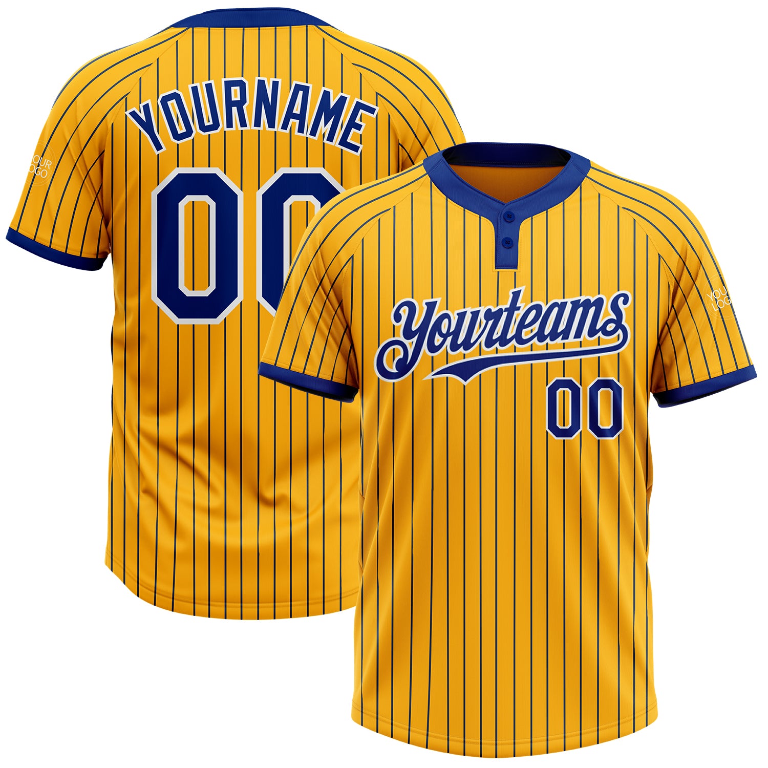 Custom Name and Number Unisex Softball Jersey - Personalized Gold Royal Pinstripe Two-Button Design Personalized Gold Royal