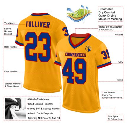 Personalized Gold Red Mesh Football Jersey with Custom Name and Number - Authentic Throwback Team Design Personalized Gold