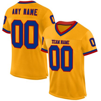 Personalized Gold Red Mesh Football Jersey with Custom Name and Number - Authentic Throwback Team Design Personalized Gold
