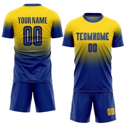 Custom Name and Number Soccer Jersey | Personalized Gold Royal Fade Fashion Uniform Personalized Gold Royal Sublimation Fade