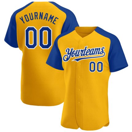 Custom Name and Number Personalized Baseball Jersey - Gold Royal-White Authentic Raglan Sleeves Personalized Gold Royal-White
