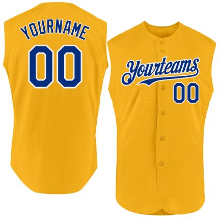 Personalized Gold Baseball Jersey - Authentic Sleeveless Design in Royal-White Personalized Gold Royal-White Authentic Sleeveless