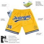 Personalized Gold Authentic Throwback Basketball Shorts, Royal White Design Personalized Gold Royal-White Authentic Throwback