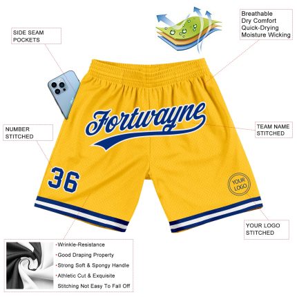 Personalized Gold Authentic Throwback Basketball Shorts, Royal White Design Personalized Gold Royal-White Authentic Throwback