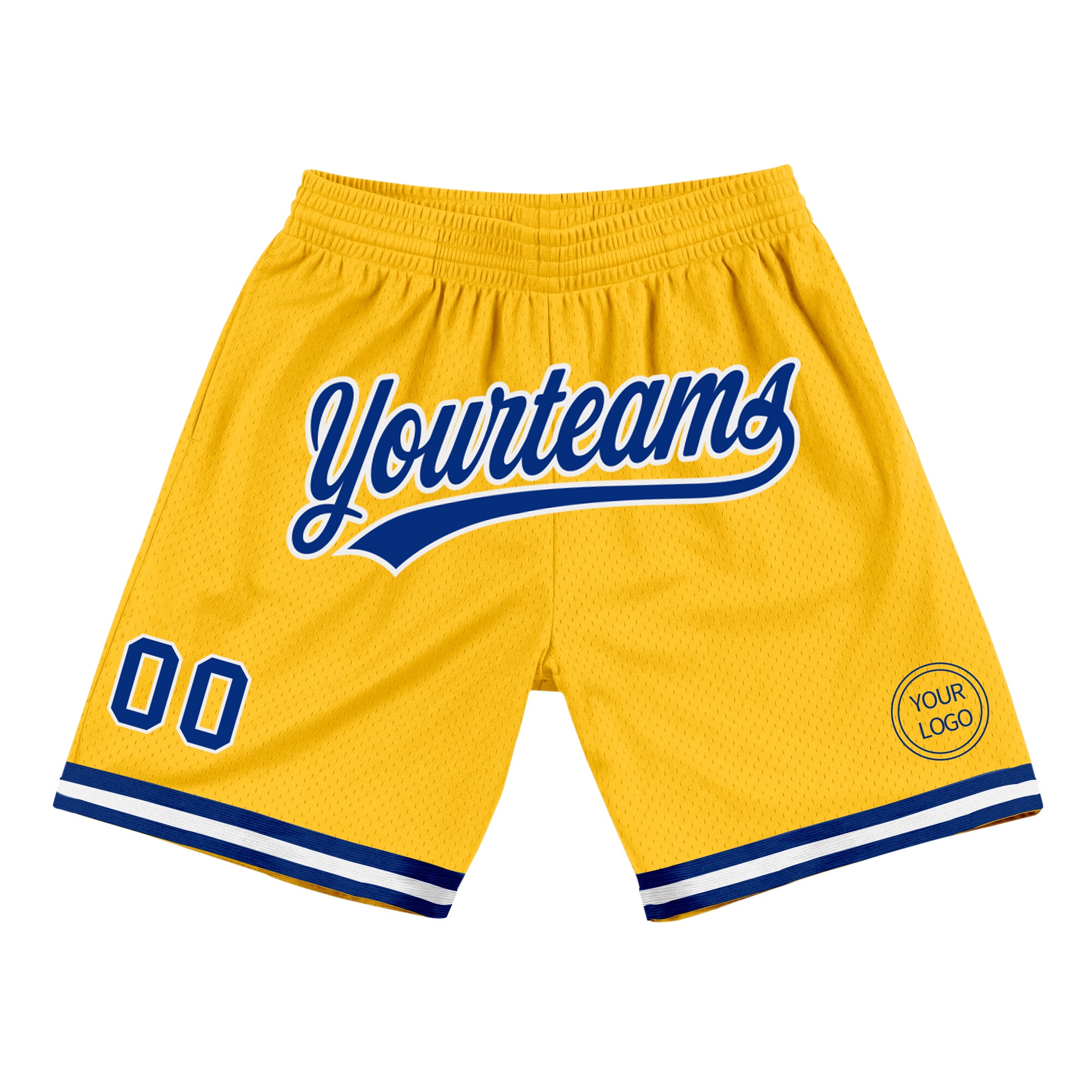 Personalized Gold Authentic Throwback Basketball Shorts, Royal White Design Personalized Gold Royal-White Authentic Throwback