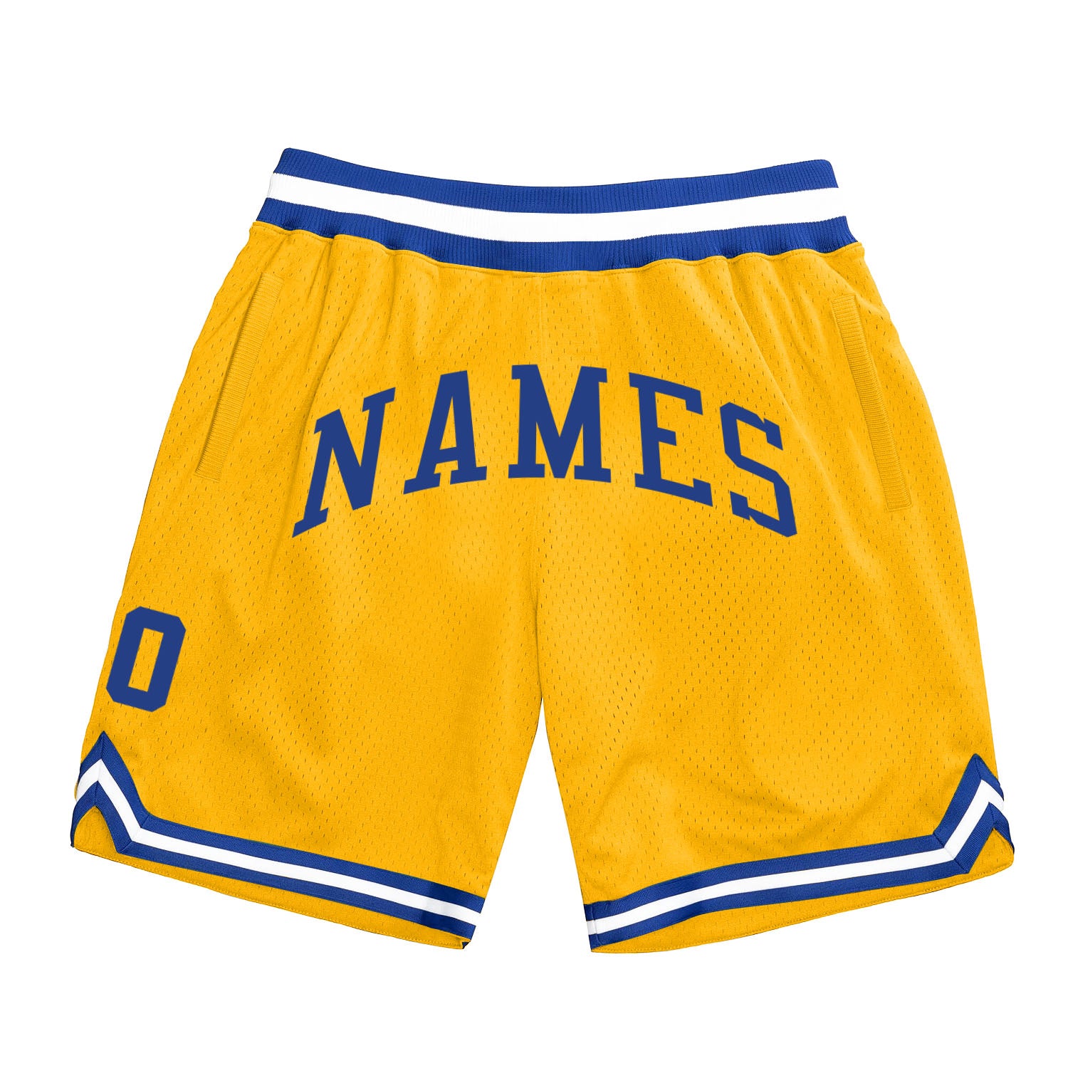 Custom Name Number Personalized Gold Basketball Shorts Royal-White Authentic Throwback Design Personalized Gold Royal-White
