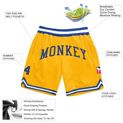 Custom Name Number Personalized Gold Basketball Shorts Royal-White Authentic Throwback Design Personalized Gold Royal-White
