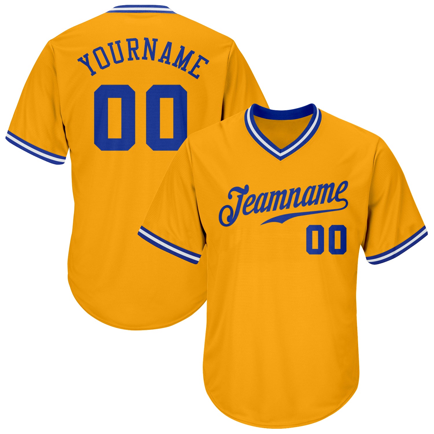 Personalized Gold Royal-White Baseball Jersey Shirt Custom Team Name & Number - Authentic Rib-Knit Design Personalized Gold