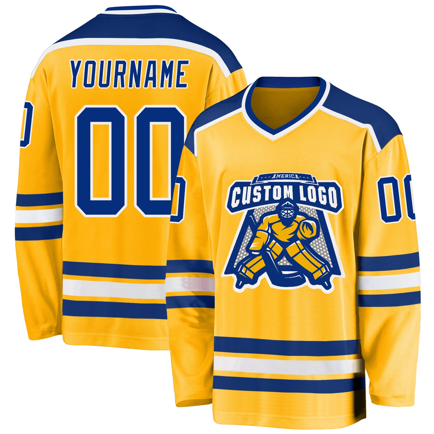 Custom Gold Hockey Jersey - Personalized Royal-White Team Apparel Personalized Gold Royal-White Hockey Jersey