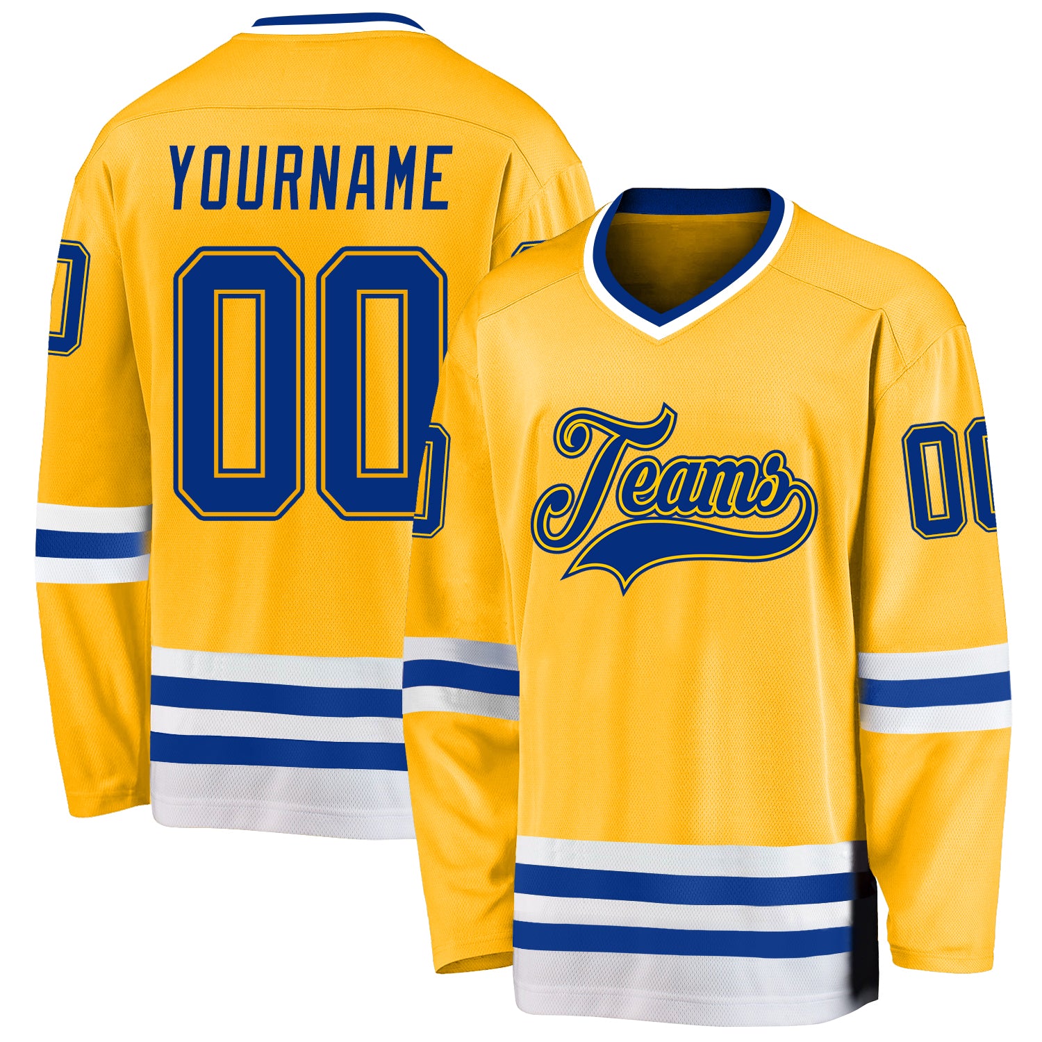 Custom Name and Number Gold Hockey Jersey - Personalized Royal-White Team Jersey Personalized Gold Royal-White Hockey Jersey