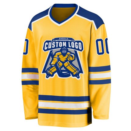 Custom Gold Hockey Jersey - Personalized Royal-White Team Apparel Personalized Gold Royal-White Hockey Jersey