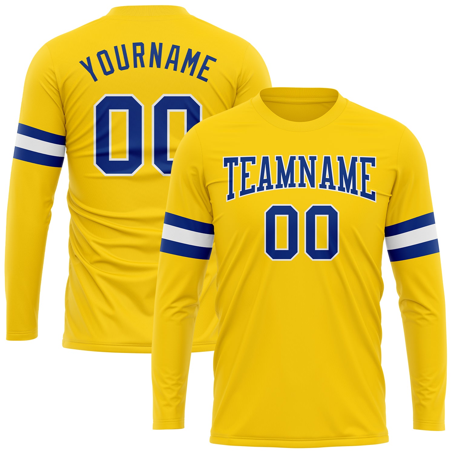 Custom Name Number Long Sleeve Performance T-Shirt - Personalized Gold Royal-White Design Personalized Gold Royal-White Long