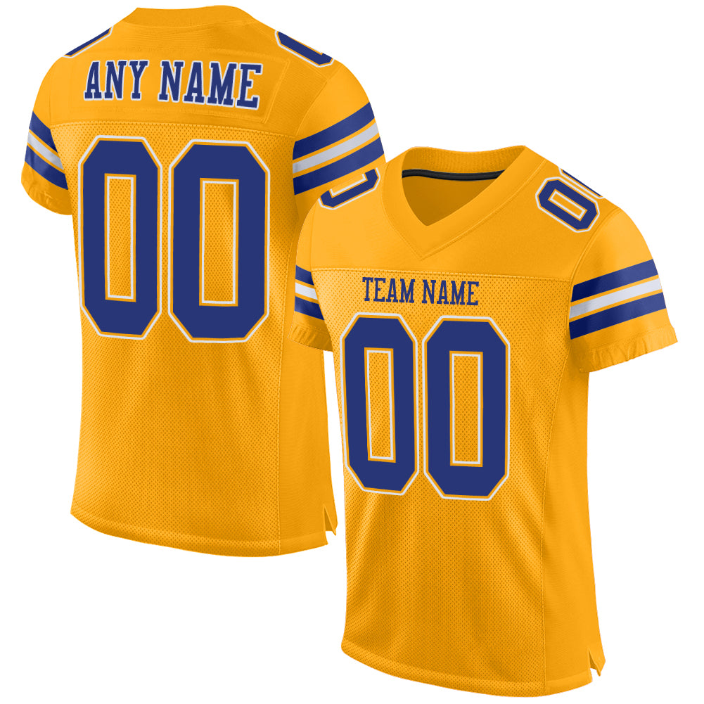 Custom Name and Number Personalized Gold White Mesh Authentic Football Jersey Team Personalized Gold Royal-White Mesh Authentic