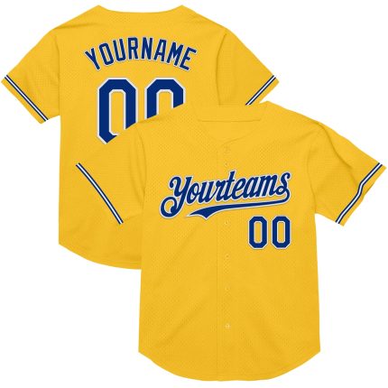 Custom Name and Number Gold Baseball Jersey - Personalized Royal-White Mesh Throwback Team Apparel Personalized Gold Royal-White