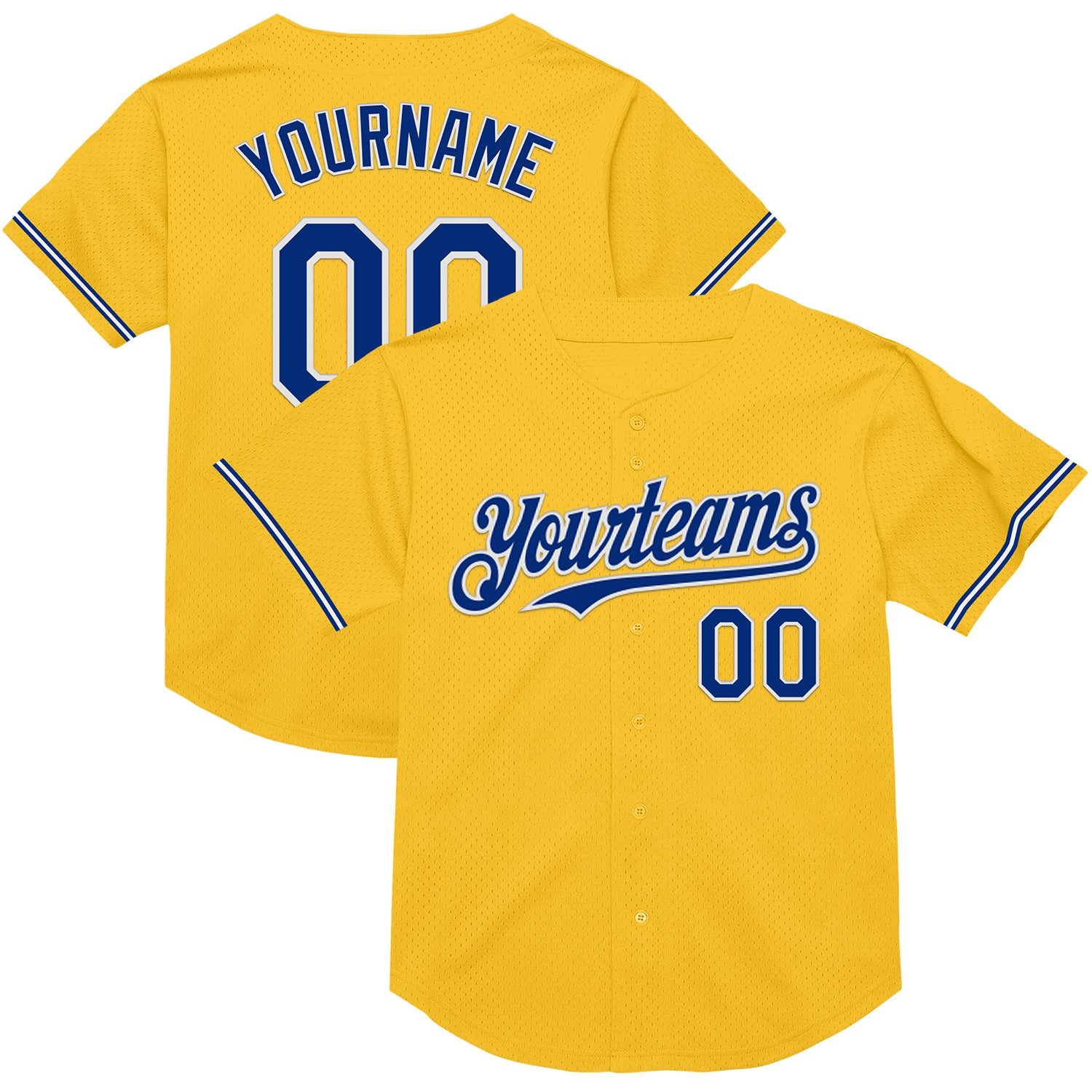 Custom Name and Number Gold Baseball Jersey - Personalized Royal-White Mesh Throwback Team Apparel Personalized Gold Royal-White