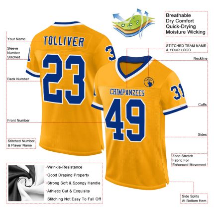 Personalized Gold Throwback Football Jersey with Royal-White Mesh Design Personalized Gold Royal-White Mesh Authentic Throwback